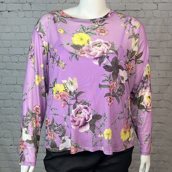 Love, Fire Purple Floral Mesh Overlay Long Sleeve Top Plus Size 3X - Picture 2 of 6